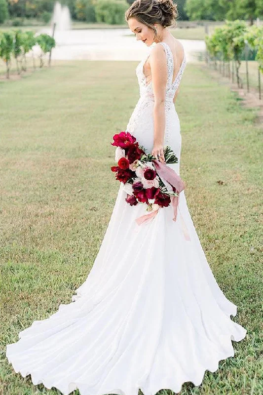 Chiffon Wedding Dresses with Slit and Embroidered Hem for Added ElegancePrincess Long V-Neck A-line White Wedding Dress with Lace Top Chiffon Wedding Dresses with Slit and Embroidered Hem for Added ElegancePrincess Long V-Neck A-line White Wedding Dress with Lace Top