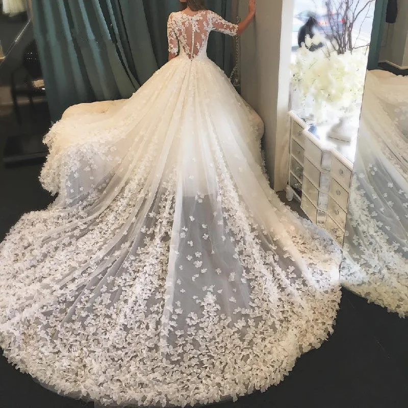 Wedding Dresses with Sequined Fringe and Tulle Overlay and High Low Hem for a Dazzling and Playful Lookmodest half sleeves lace princess wedding dresses royal train Wedding Dresses with Sequined Fringe and Tulle Overlay and High Low Hem for a Dazzling and Playful Lookmodest half sleeves lace princess wedding dresses royal train