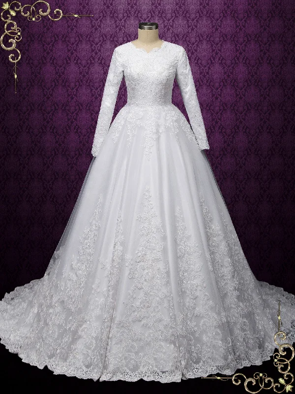 Wedding Dresses with Tulle Overlay and Beaded Bodice and High Low Hem and Embroidered Birds for a Dramatic and Graceful LookModest Lace Ball Gown Wedding Dress EVELYN Wedding Dresses with Tulle Overlay and Beaded Bodice and High Low Hem and Embroidered Birds for a Dramatic and Graceful LookModest Lace Ball Gown Wedding Dress EVELYN