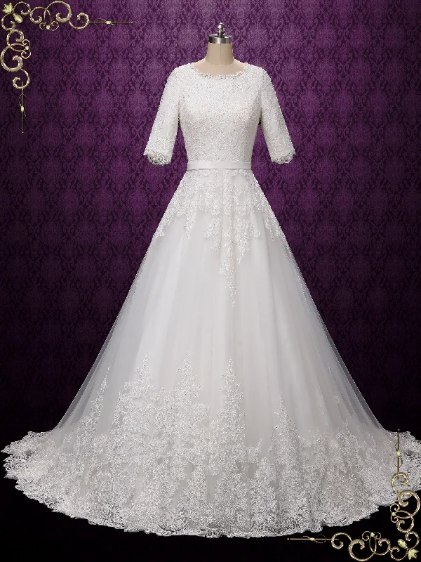 Tube Wedding Dresses with Beaded Waistband for a Simple and Chic StyleModest Lace Wedding Dress with Half Sleeves ARIELLA Tube Wedding Dresses with Beaded Waistband for a Simple and Chic StyleModest Lace Wedding Dress with Half Sleeves ARIELLA