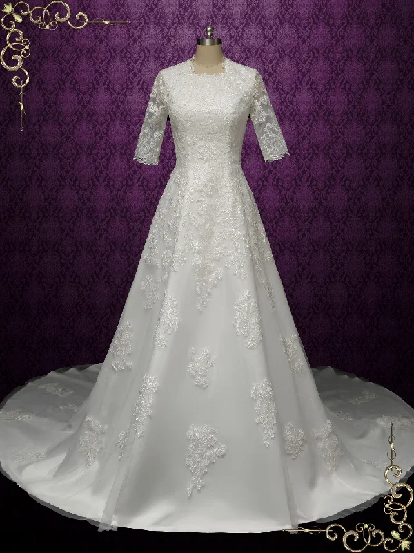 Elegant Ball Gown Wedding Dresses with Cathedral Train for LadiesModest Lace Wedding Dress with Half Sleeves MARLEY Elegant Ball Gown Wedding Dresses with Cathedral Train for LadiesModest Lace Wedding Dress with Half Sleeves MARLEY