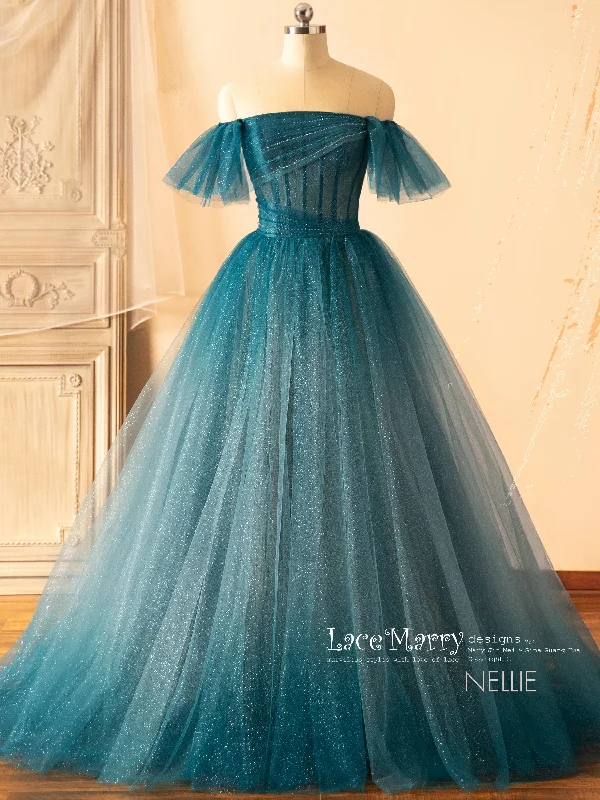 Wedding Dresses with Ruffled Sleeveless Top and Embroidered Skirt and Sequined Bodice for a Dramatic and Artistic LookNELLIE / Dark Blue Ombre Prom Dress with Off Shoulder Straps Wedding Dresses with Ruffled Sleeveless Top and Embroidered Skirt and Sequined Bodice for a Dramatic and Artistic LookNELLIE / Dark Blue Ombre Prom Dress with Off Shoulder Straps
