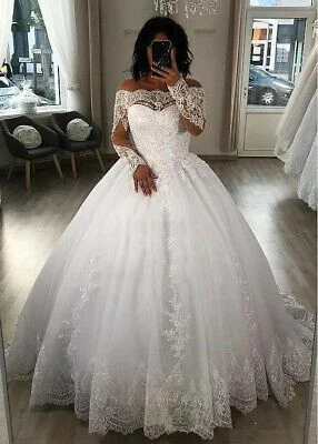 Wedding Dresses with Satin and Lace Trimmed Neckline and Ruffled Sleeves and Embroidered Skirt and Bow at the Back for a Sophisticated and Girly LookOff-the-shoulder Ball Gown Wedding Dresses Beaded Lace Appliques Long Sleeves prom dresses cg18028 Wedding Dresses with Satin and Lace Trimmed Neckline and Ruffled Sleeves and Embroidered Skirt and Bow at the Back for a Sophisticated and Girly LookOff-the-shoulder Ball Gown Wedding Dresses Beaded Lace Appliques Long Sleeves prom dresses cg18028