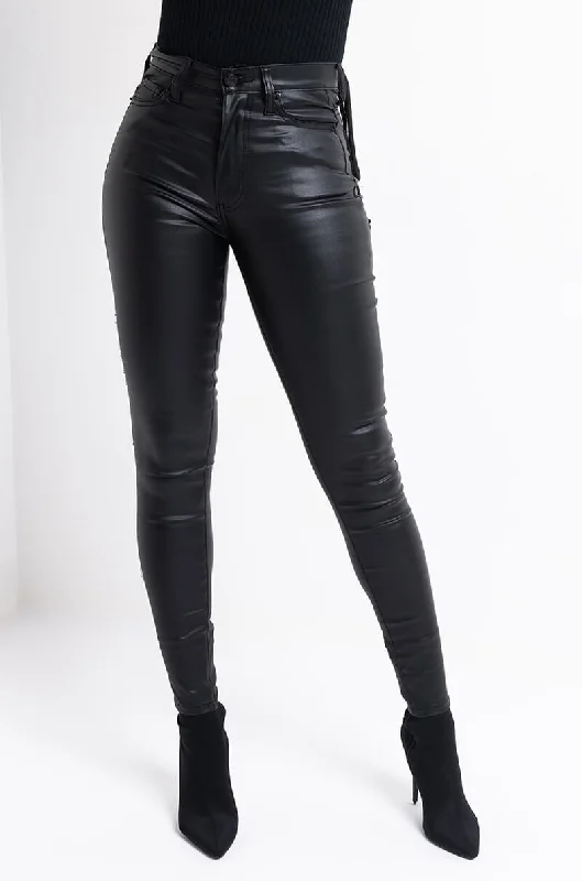Leather look wide leg pants for women in a bold and stylish lookON DUTY FAUX LEATHER LACE UP SKINNY PANTS WITH 4 WAY STRETCH