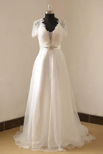 Organza Wedding Dresses with Sparkly Appliques and Beaded Waist for a Fairy Tale LookOrganza Short Sleeve V-Neck A-Line Gown With Pleated Bodice and Beadwork Organza Wedding Dresses with Sparkly Appliques and Beaded Waist for a Fairy Tale LookOrganza Short Sleeve V-Neck A-Line Gown With Pleated Bodice and Beadwork