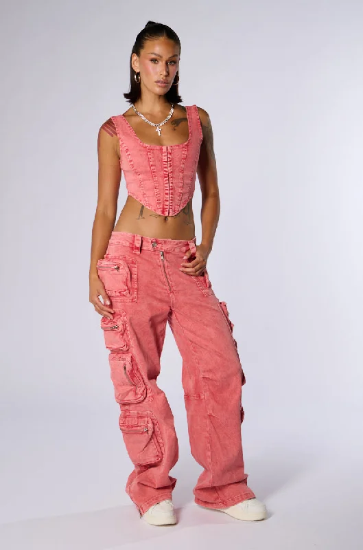 Plaid wide leg jeans for women in a preppy and trendy styleOUT THE MUD ACID WASH CARGO PANT