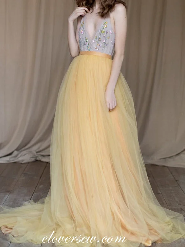 Chiffon Wedding Dresses with Slit and Embroidered Hem for Added ElegancePastel Yellow Tulle Beaded V-neck Charming Wedding Dresses, CW0248 Chiffon Wedding Dresses with Slit and Embroidered Hem for Added ElegancePastel Yellow Tulle Beaded V-neck Charming Wedding Dresses, CW0248