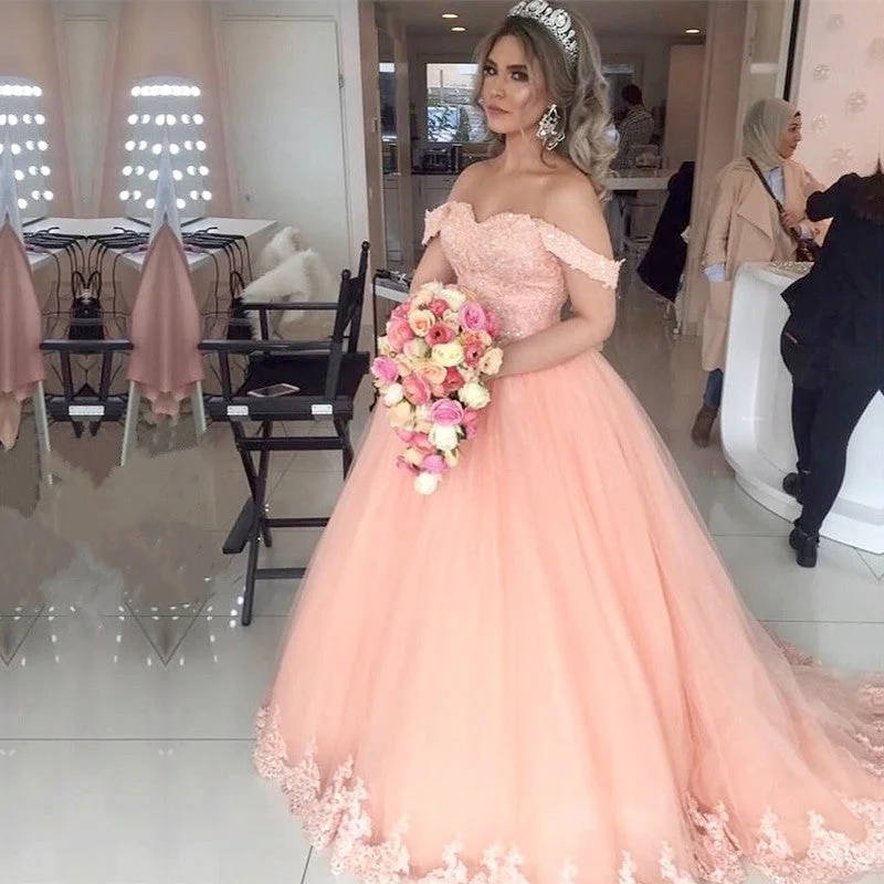Wedding Dresses with Satin and Lace Trimmed Neckline and Ruffled Sleeves and Embroidered Skirt and Bow at the Back for a Sophisticated and Girly LookPeach Tulle Sweetheart Princess Wedding Dresses Lace Off Shoulder Wedding Dresses with Satin and Lace Trimmed Neckline and Ruffled Sleeves and Embroidered Skirt and Bow at the Back for a Sophisticated and Girly LookPeach Tulle Sweetheart Princess Wedding Dresses Lace Off Shoulder