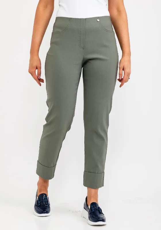Embroidered wide leg linen pants for women in a natural and elegant styleRobell Bella 09 Turn Up Ankle Grazer Trousers, Ivy Green