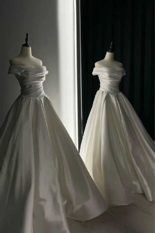 Satin Wedding Dresses with Embroidered Bodice and Tulle Skirt for a Timeless LookSatin Ruching Wedding Dresses with Off-the-shoulder Satin Wedding Dresses with Embroidered Bodice and Tulle Skirt for a Timeless LookSatin Ruching Wedding Dresses with Off-the-shoulder