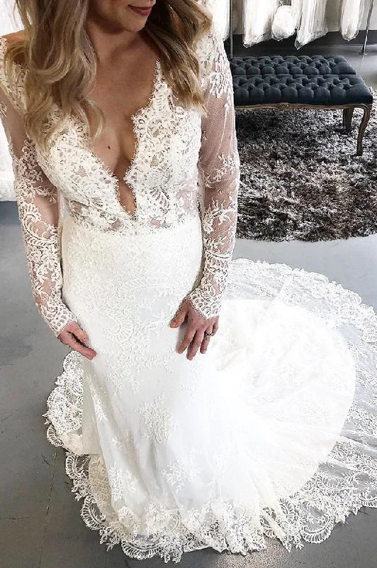 Gothic Style Wedding Dresses with Black Lace for a Mysterious AppealLong Sleeves Mermaid V-Neck Ivory Wedding Dress with Lace Gothic Style Wedding Dresses with Black Lace for a Mysterious AppealLong Sleeves Mermaid V-Neck Ivory Wedding Dress with Lace