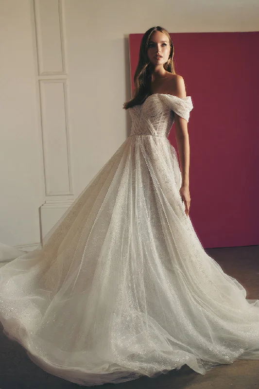 Wedding Dresses with Pleated Tulle Skirt and Sequined Geometric Shapes and Lace Overlay and Bow at the Waist for a Princess and Feminine LookShell Wedding Dresses with Pleated Tulle Skirt and Sequined Geometric Shapes and Lace Overlay and Bow at the Waist for a Princess and Feminine LookShell