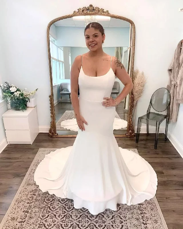 Wedding Dresses with Asymmetric Hem and Sequined Details for a Unique StyleSimple Mermaid Spaghetti Straps Beach Garden Vintage Long Wedding Dresses WD383 Wedding Dresses with Asymmetric Hem and Sequined Details for a Unique StyleSimple Mermaid Spaghetti Straps Beach Garden Vintage Long Wedding Dresses WD383