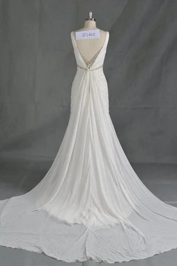 Wedding Dresses with Beaded Floral Wreath on the Bodice and Tulle Skirt and High Neck for a Delicate and Festive LookSleeveless V-Neck Pleated Chiffon A-Line Dress With Crystal Detailing Wedding Dresses with Beaded Floral Wreath on the Bodice and Tulle Skirt and High Neck for a Delicate and Festive LookSleeveless V-Neck Pleated Chiffon A-Line Dress With Crystal Detailing