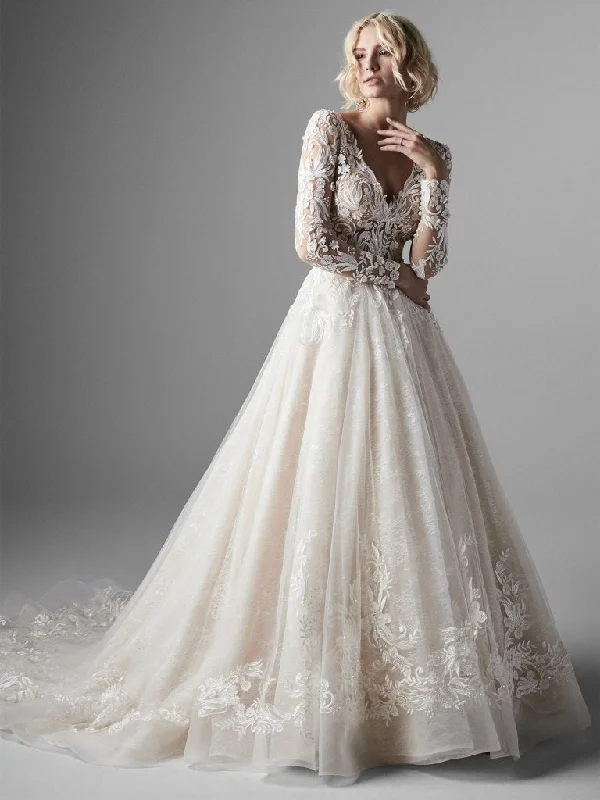 Wedding Dresses with Tassel Hem and Metallic Lace and Sequined Geometric Shapes and Satin Ribbon for a Boho and Luxurious LookZander