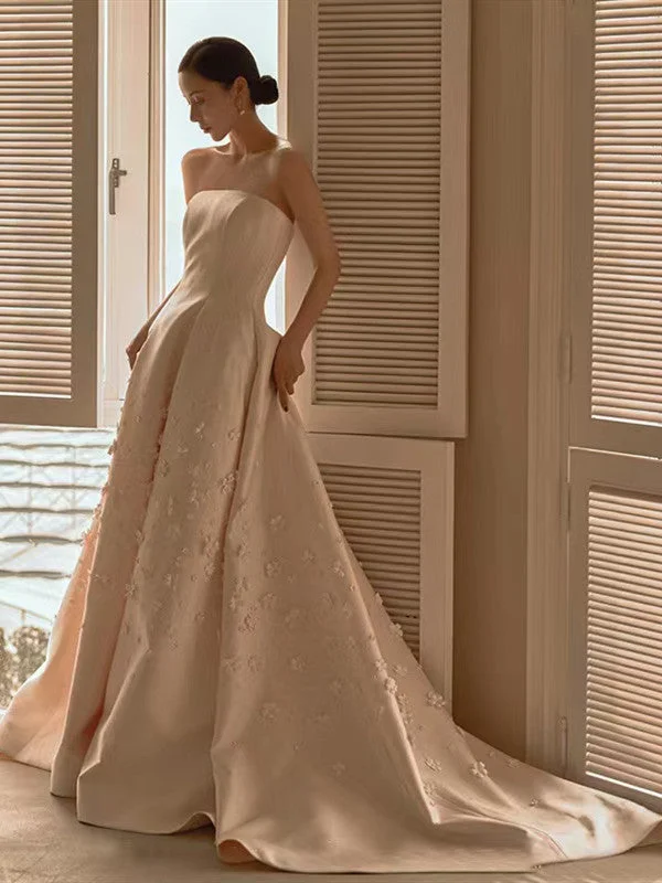Long Sleeve Wedding Dresses with Pearl Buttons for a Classic AppealStrapless A-line Satin Wedding Dresses, Elegant Appliques 2022 Bridal Gowns, Newest Wedding Gowns Long Sleeve Wedding Dresses with Pearl Buttons for a Classic AppealStrapless A-line Satin Wedding Dresses, Elegant Appliques 2022 Bridal Gowns, Newest Wedding Gowns