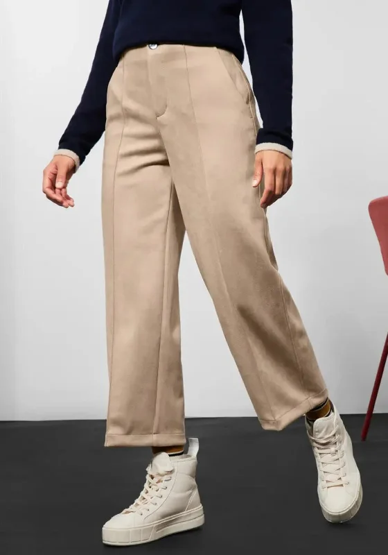 Solid color palazzo pants for women in bright huesStreet One Wide Leg Suede Trousers, Light Buff Sand