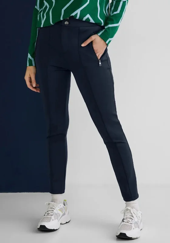 Sequined skinny pants for women in a party - ready styleStreet One Scuba Style Slim Trousers, Deep Blue