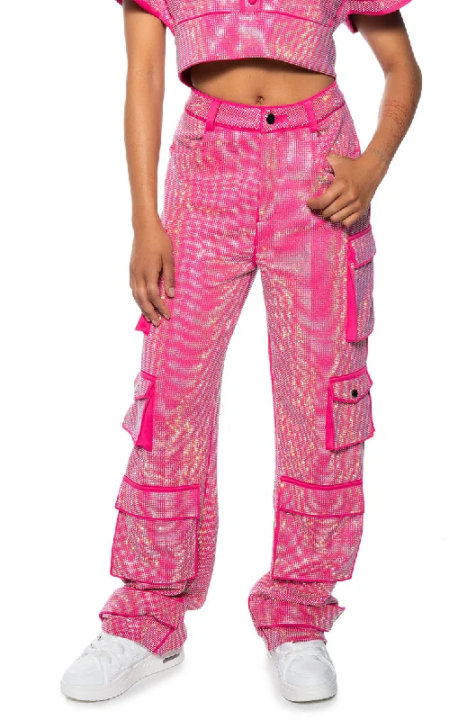 Solid color wide leg denim pants for women in a minimalist and trendy styleTAMARA RHINESTONE CARGO PANT