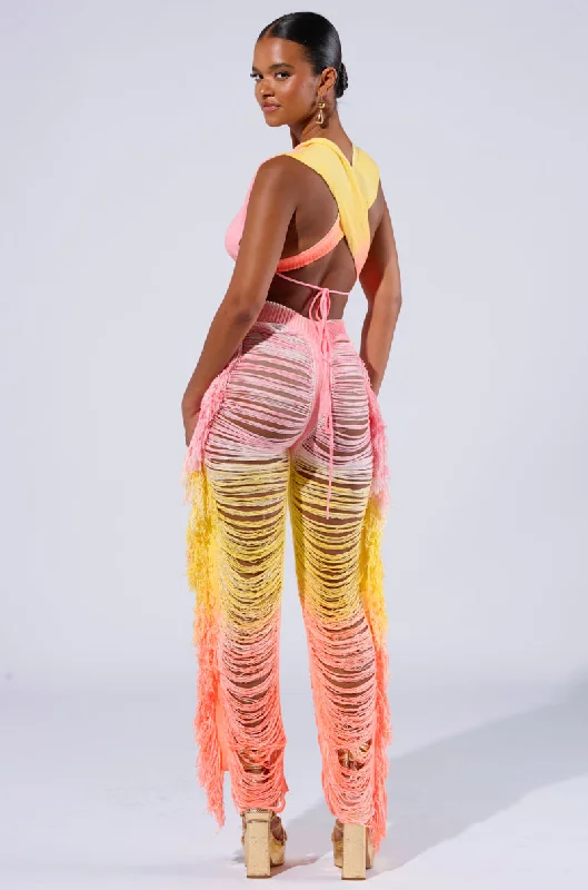 Lightweight wide leg hiking pants for women in outdoor activitiesTIME TO DANCE CUTOUT FRINGE PANT AND TOP SET