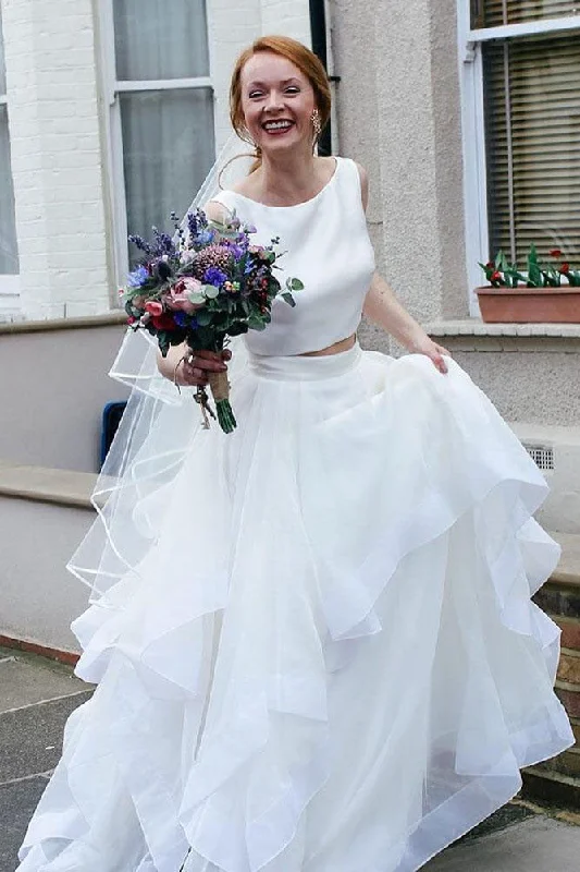 Wedding Dresses with High Low Sheer Skirt and Embroidered Birds and Sequined Floral Motifs for a Nature Inspired and Dramatic LookTwo Piece Long Ruffles A-line White Wedding Dress Wedding Dresses with High Low Sheer Skirt and Embroidered Birds and Sequined Floral Motifs for a Nature Inspired and Dramatic LookTwo Piece Long Ruffles A-line White Wedding Dress