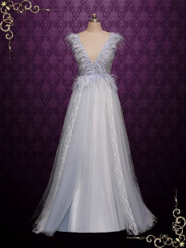 Wedding Dresses with Sequined Stripes and Sheer Back and Embroidered Birds and Belt for a Bold and Nature Inspired LookUnique Gala Style Blue Wedding Dress AUDRA Wedding Dresses with Sequined Stripes and Sheer Back and Embroidered Birds and Belt for a Bold and Nature Inspired LookUnique Gala Style Blue Wedding Dress AUDRA