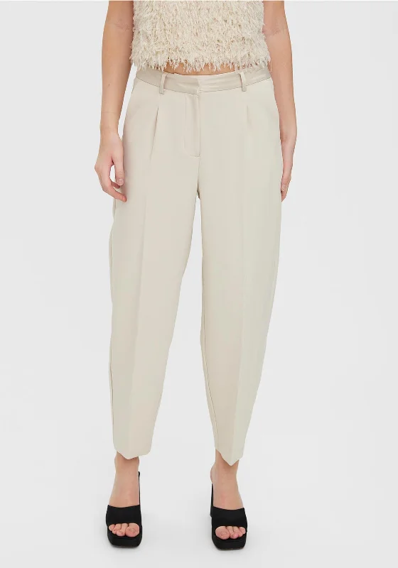 Linen blend palazzo pants for women in a breezy styleVero Moda Laura Satin Trim Barrel Trousers, Oatmeal