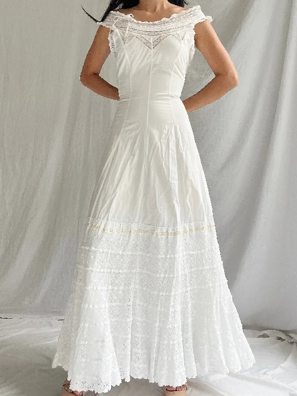 Wedding Dresses with Satin Trimmed Collar and Bow Back and Embroidered Skirt and Sequined Bodice and Belt for a Classic and Glamorous LookAntique Cotton Chemise - S Wedding Dresses with Satin Trimmed Collar and Bow Back and Embroidered Skirt and Sequined Bodice and Belt for a Classic and Glamorous LookAntique Cotton Chemise - S