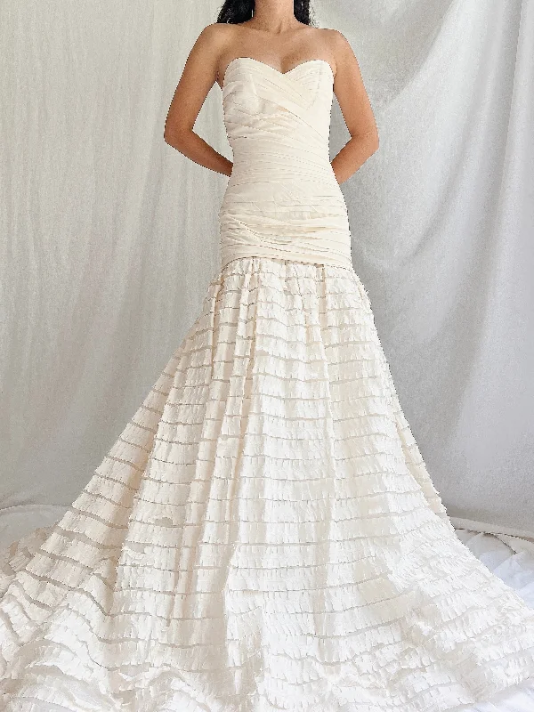 Wedding Dresses with Bell Sleeves and Ruffled Skirt for a Playful LookLiancarlo Couture Silk Dropped Waist Gown - S/6 Wedding Dresses with Bell Sleeves and Ruffled Skirt for a Playful LookLiancarlo Couture Silk Dropped Waist Gown - S/6