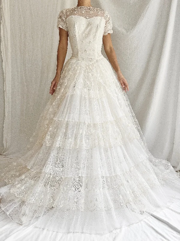 Wedding Dresses with Sequined Geometric Shapes and Lace and Chiffon Blend and Ruffled Sleeves and Belt and Embroidered Skirt for a Modern and Dramatic Look1950s Tulle and Lace Gown - XS Wedding Dresses with Sequined Geometric Shapes and Lace and Chiffon Blend and Ruffled Sleeves and Belt and Embroidered Skirt for a Modern and Dramatic Look1950s Tulle and Lace Gown - XS