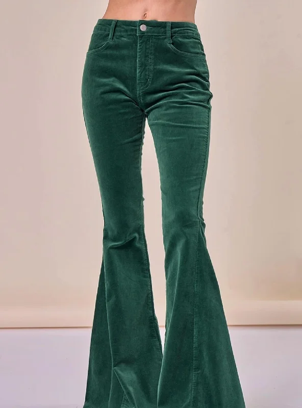 Floral print wide leg pants for women in a fresh and bright styleWomen's Boho Lightweight Corduroy Bellbottom Pants In Green