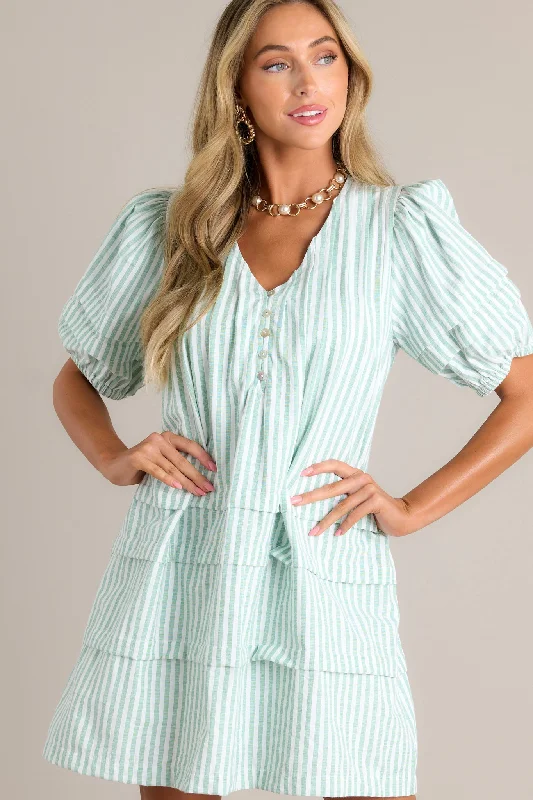 "Flash Sale: Grab Your Favorite Women's Dresses at Unbeatable Prices!"Adore You Mint Green Stripe Puff Sleeve Mini Dress