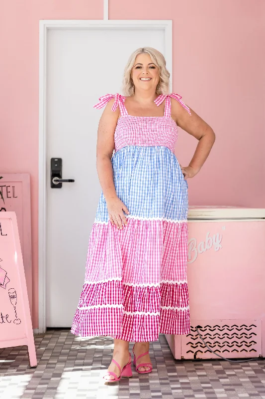 "Trendy casual dresses for women to wear at the beach"Allegra Maxi Dress in Gingham Mix