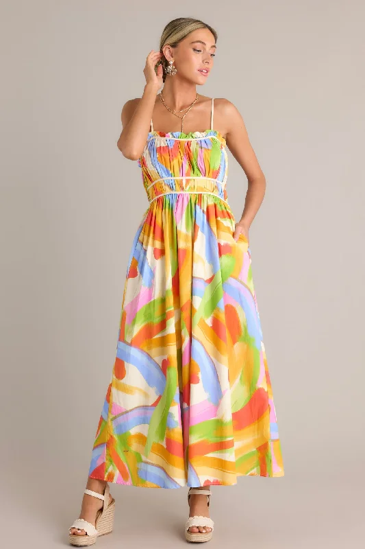 "Trendy casual dresses for women to wear at the beach"Call Me Yours 100% Cotton Yellow Multi Print Maxi Dress "Trendy casual dresses for women to wear at the beach"Call Me Yours 100% Cotton Yellow Multi Print Maxi Dress