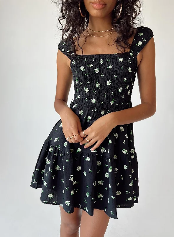 "Sequined dresses for women to shine at parties"Cedarwood Mini Dress Black / Floral