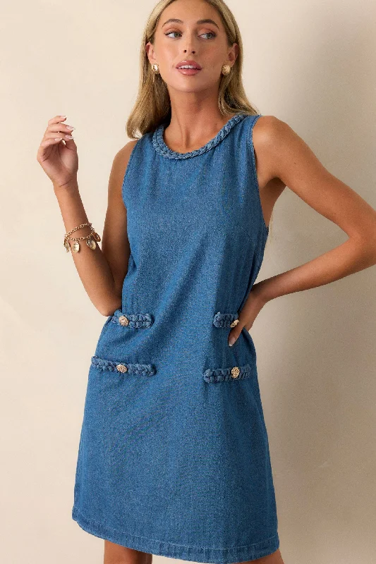 "Ruffled dresses for women for added femininity"Chic Charm 100% Cotton Medium Wash Chambray Mini Dress