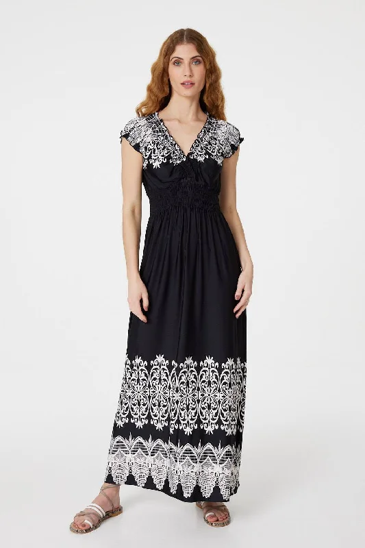 "Seasonal Sale: Save Big on Women's Dresses for Every Occasion"Lace Print Cap Sleeve Maxi Dress "Seasonal Sale: Save Big on Women's Dresses for Every Occasion"Lace Print Cap Sleeve Maxi Dress