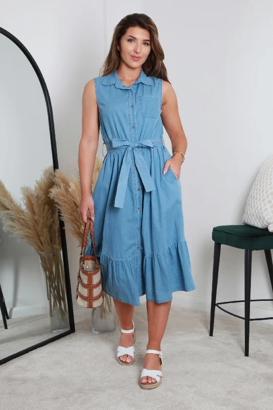 "Satin dresses for women for a luxurious appearance"Double Second Belted Denim Chambray Shirt Dress