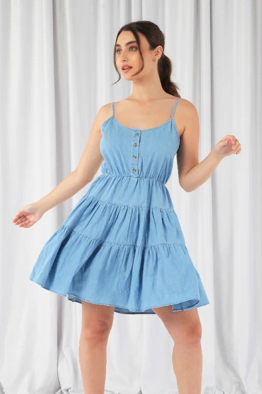 "Sustainable and eco - friendly women's dresses"Double Second Blue Tiered Strappy Chambray Dress "Sustainable and eco - friendly women's dresses"Double Second Blue Tiered Strappy Chambray Dress