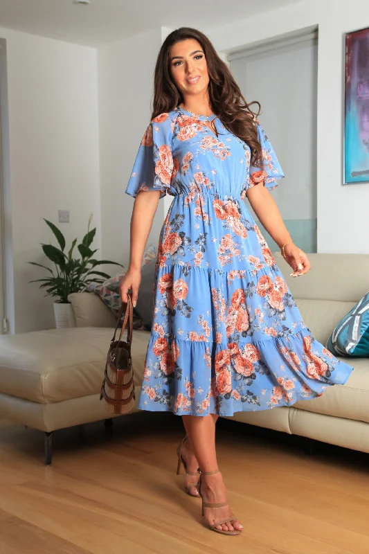 "Midi dresses for women with unique patterns"Double Second Floral Floaty Raglan Sleeve Tiered Dress "Midi dresses for women with unique patterns"Double Second Floral Floaty Raglan Sleeve Tiered Dress