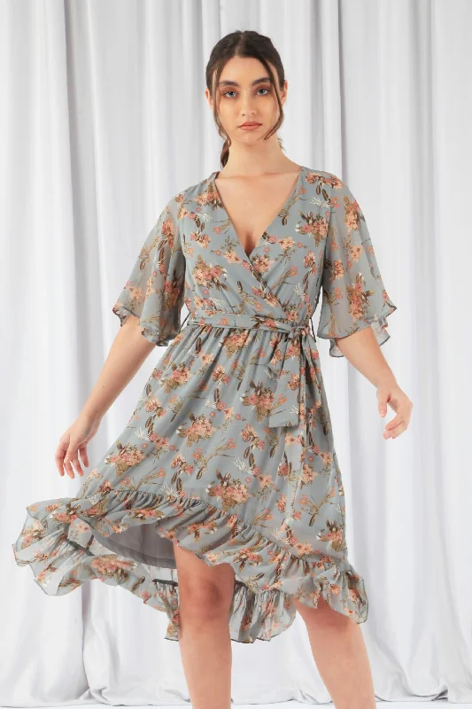 "Floral print dresses for women for a feminine look"Double Second Floral Print Ruffle Midi Wrap Dress "Floral print dresses for women for a feminine look"Double Second Floral Print Ruffle Midi Wrap Dress