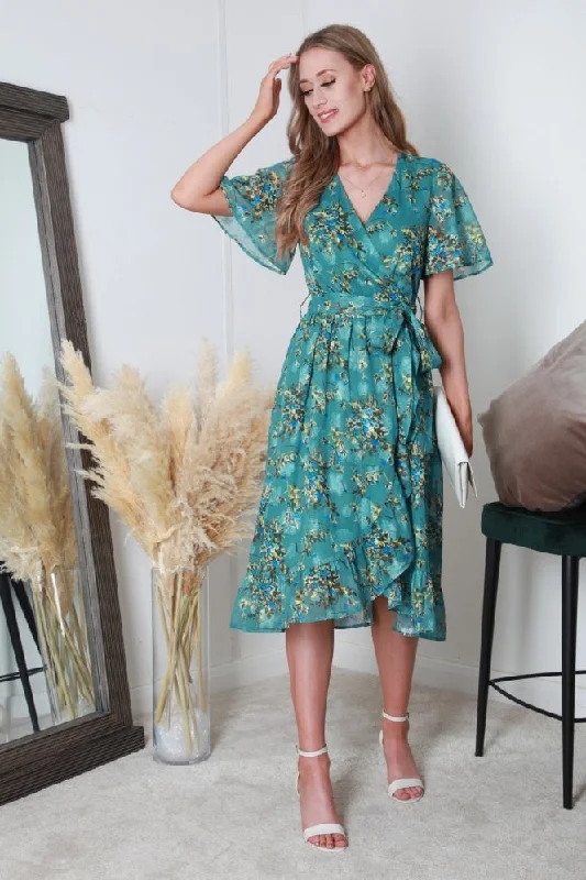 "Satin dresses for women for a luxurious appearance"Double Second Green Printed Midi Wrap Dress "Satin dresses for women for a luxurious appearance"Double Second Green Printed Midi Wrap Dress
