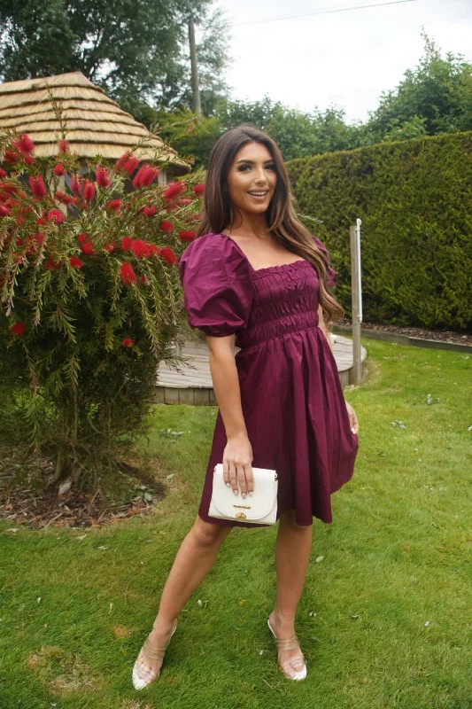 "Work - appropriate dresses for professional women"Double Second Wine Ruched Puff Sleeve Dress "Work - appropriate dresses for professional women"Double Second Wine Ruched Puff Sleeve Dress