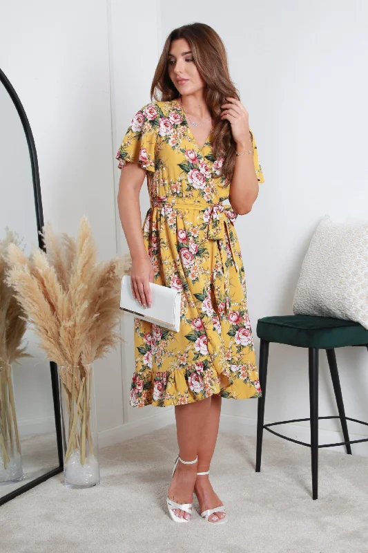 "Sustainable and eco - friendly women's dresses"Double Second Yellow Printed Midi Wrap Dress "Sustainable and eco - friendly women's dresses"Double Second Yellow Printed Midi Wrap Dress