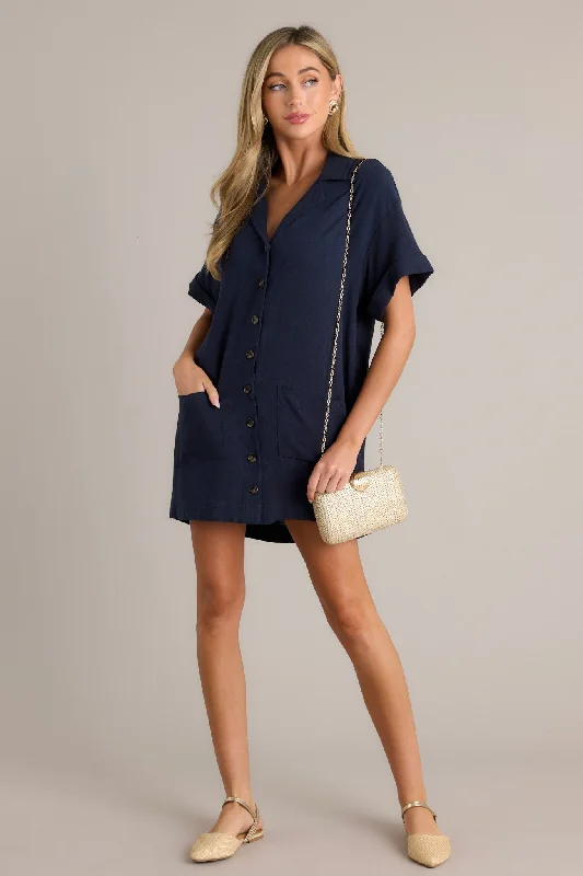 "Comfortable maternity dresses for pregnant women"Effortless Selection Navy Button Front Mini Shirt Dress