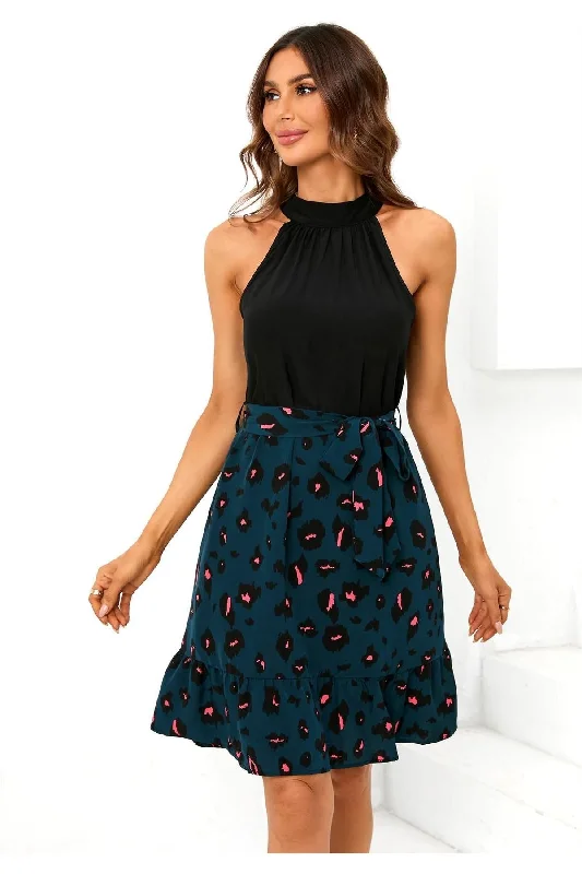 "A - line dresses for women to flatter the figure"FS Collection Black Halterneck Top 2 In 1 Mini Dress In Blue Leopard Print "A - line dresses for women to flatter the figure"FS Collection Black Halterneck Top 2 In 1 Mini Dress In Blue Leopard Print