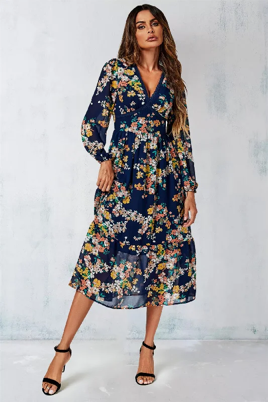 "Midi dresses for women with unique patterns"FS Collection Floral Print Long Sleeve Maxi Dress In Navy "Midi dresses for women with unique patterns"FS Collection Floral Print Long Sleeve Maxi Dress In Navy