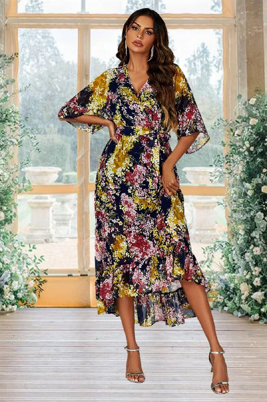 "Satin dresses for women for a luxurious appearance"FS Collection Floral Print Wrap Top Kimono Sleeve Maxi Dress In Navy "Satin dresses for women for a luxurious appearance"FS Collection Floral Print Wrap Top Kimono Sleeve Maxi Dress In Navy