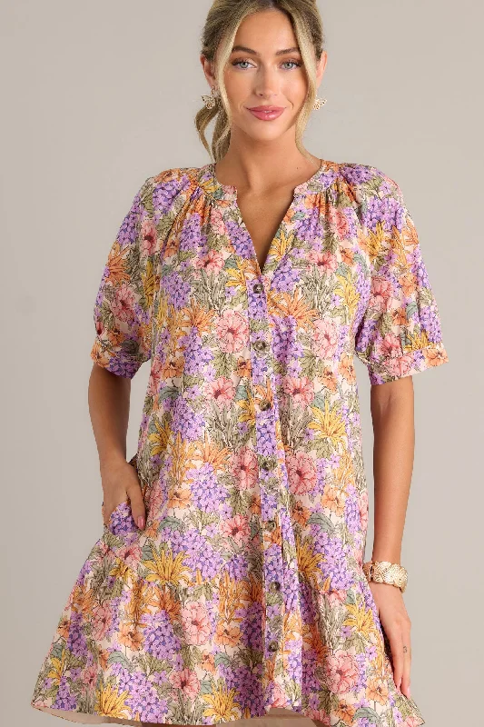 "Buy One, Get One 50% Off on Women's Dresses - Don't Miss Out!"Garden Glow 100% Cotton Lavender Mini Shirt Dress
