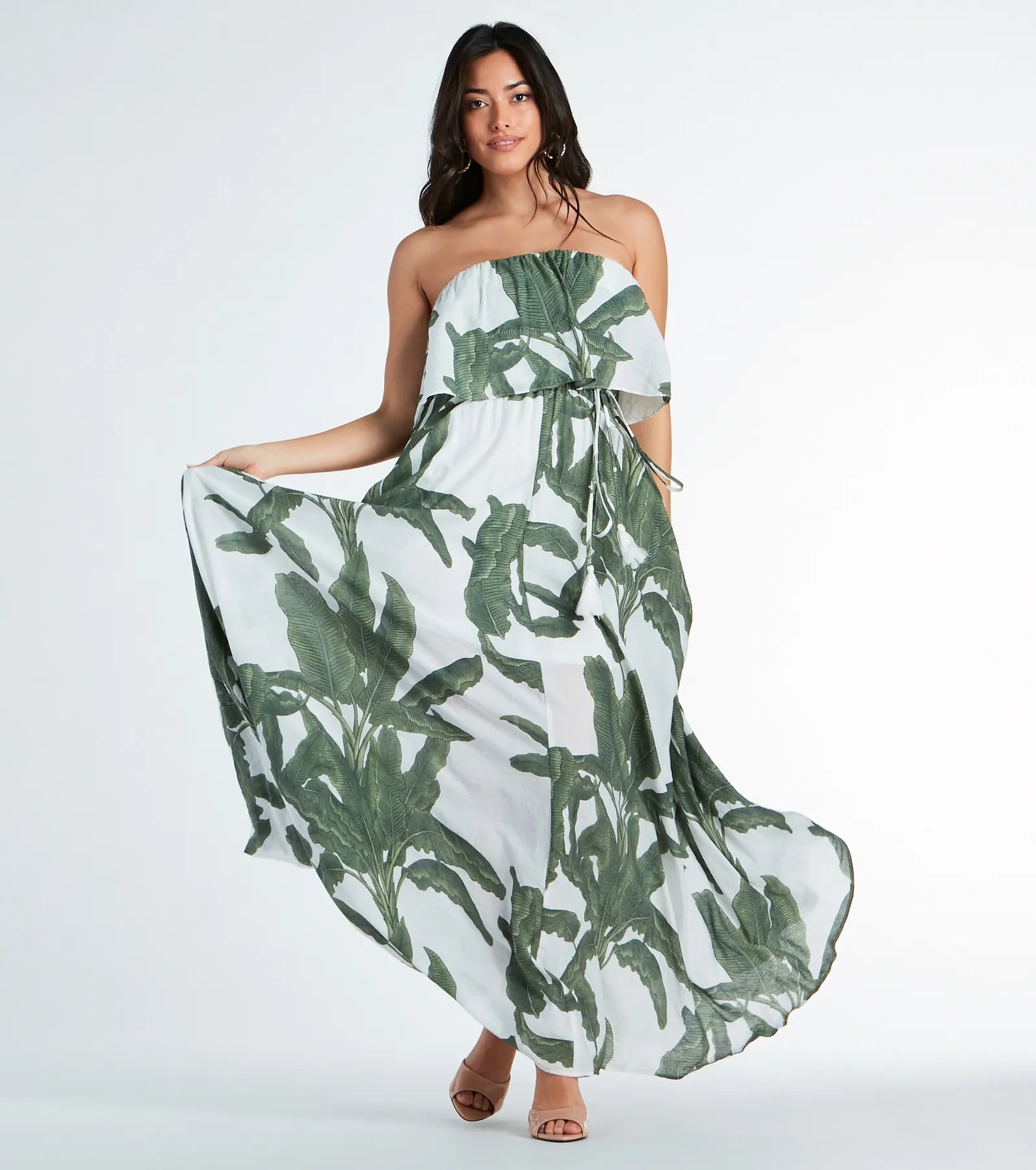 "Ruffled dresses for women for added femininity"Getaway Bound Tropical Print Woven Maxi Dress "Ruffled dresses for women for added femininity"Getaway Bound Tropical Print Woven Maxi Dress